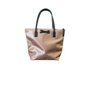 Kate Spade Rose Gold Glitter Tote Bow Black Handles Zip Top